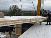 CLT panel prepared along its long side being erected prior to TS3 joint grouting.