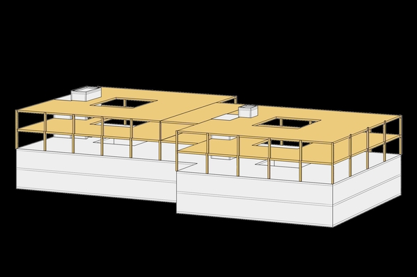 Rendu de la surélévation de deux étages sur le plan existant. Piliers, dalles, finis